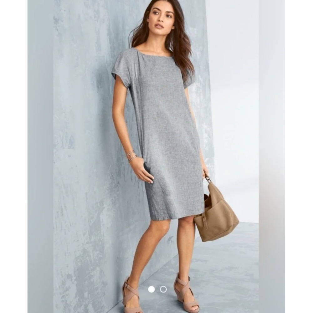 Eileen Fisher Hemp Cotton Pinstripe Shift Dress Pockets Blue White Size Medium - Picture 2 of 6